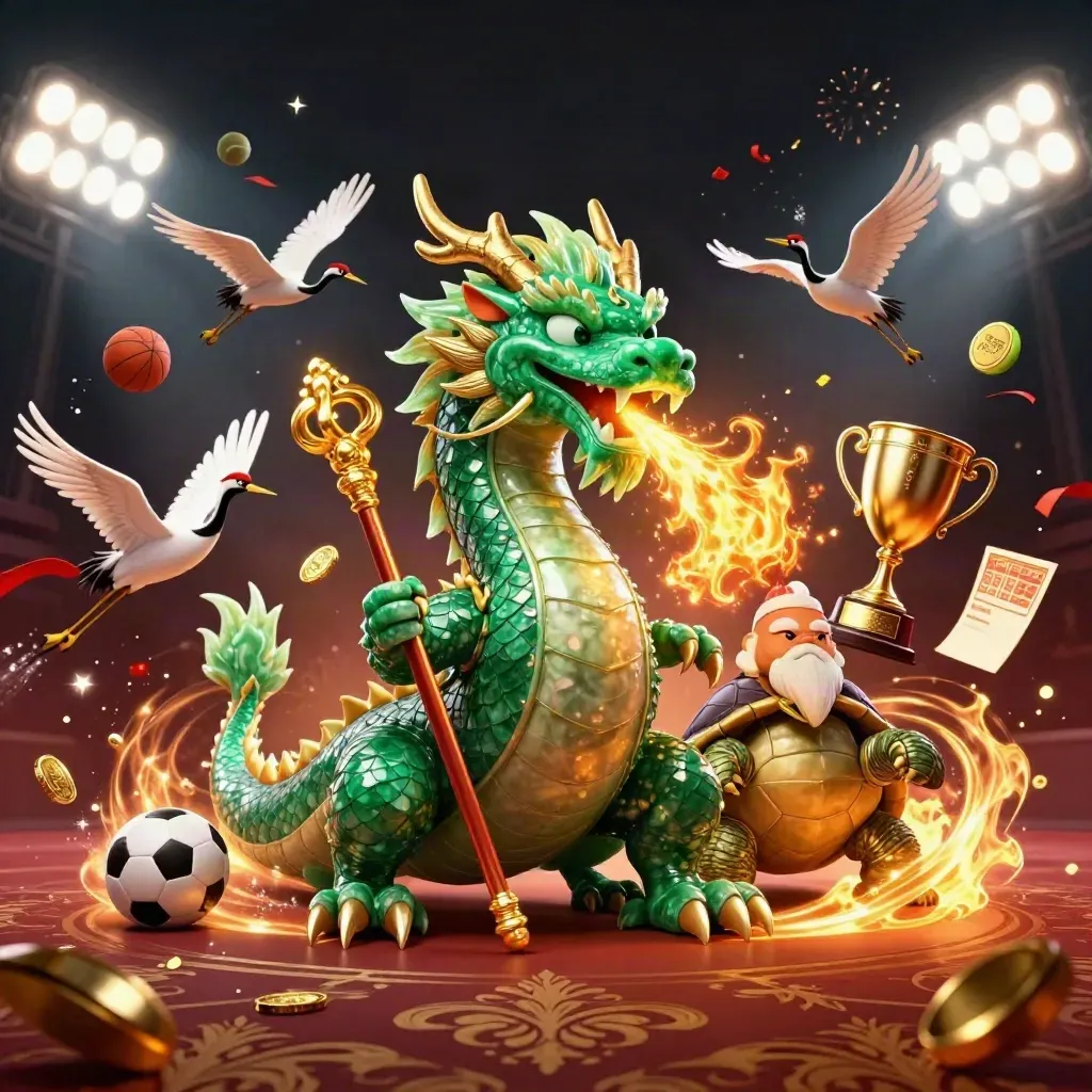 Naga giok emas, kura-kura bijak, dan dua bangau di tengah bola olahraga dan kilau kasino.