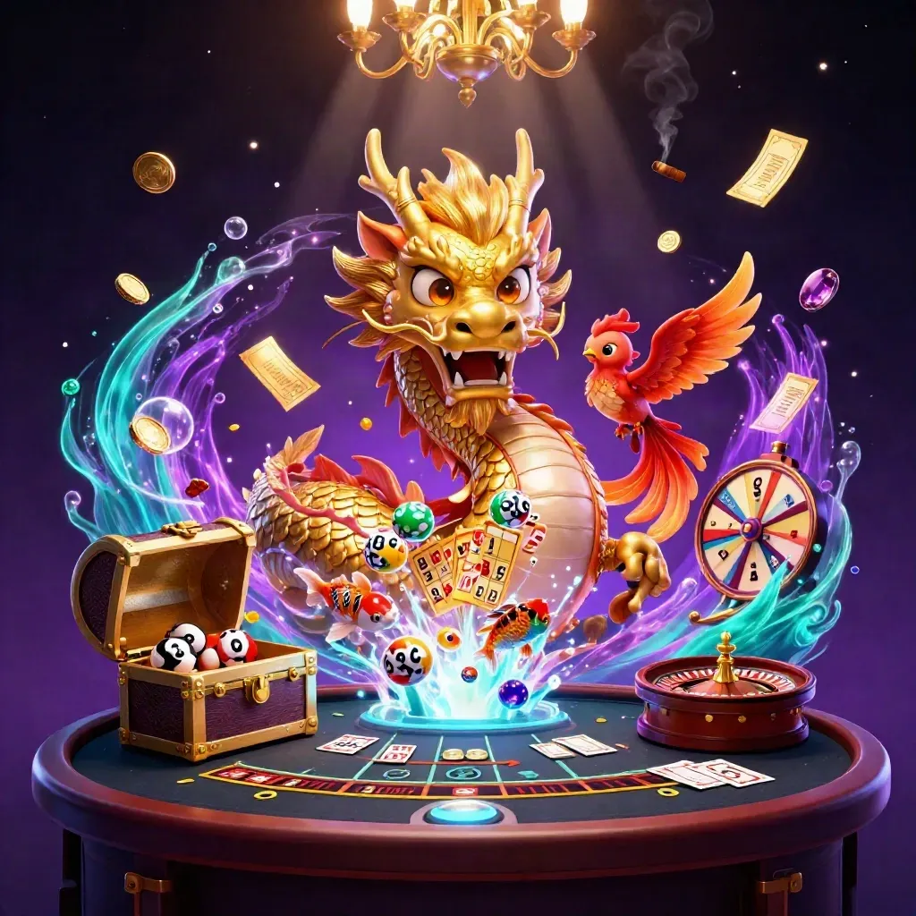 Naga emas 3D, phoenix merah, ikan koi, bola undian, roda hadiah, cahaya kasino mewah.