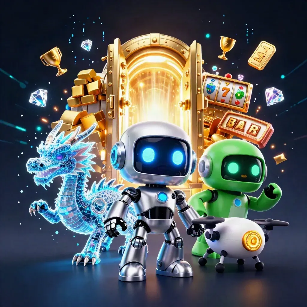 Robot cyberpunk, naga holografis, dan drone coin di depan brankas emas meledak cahaya.