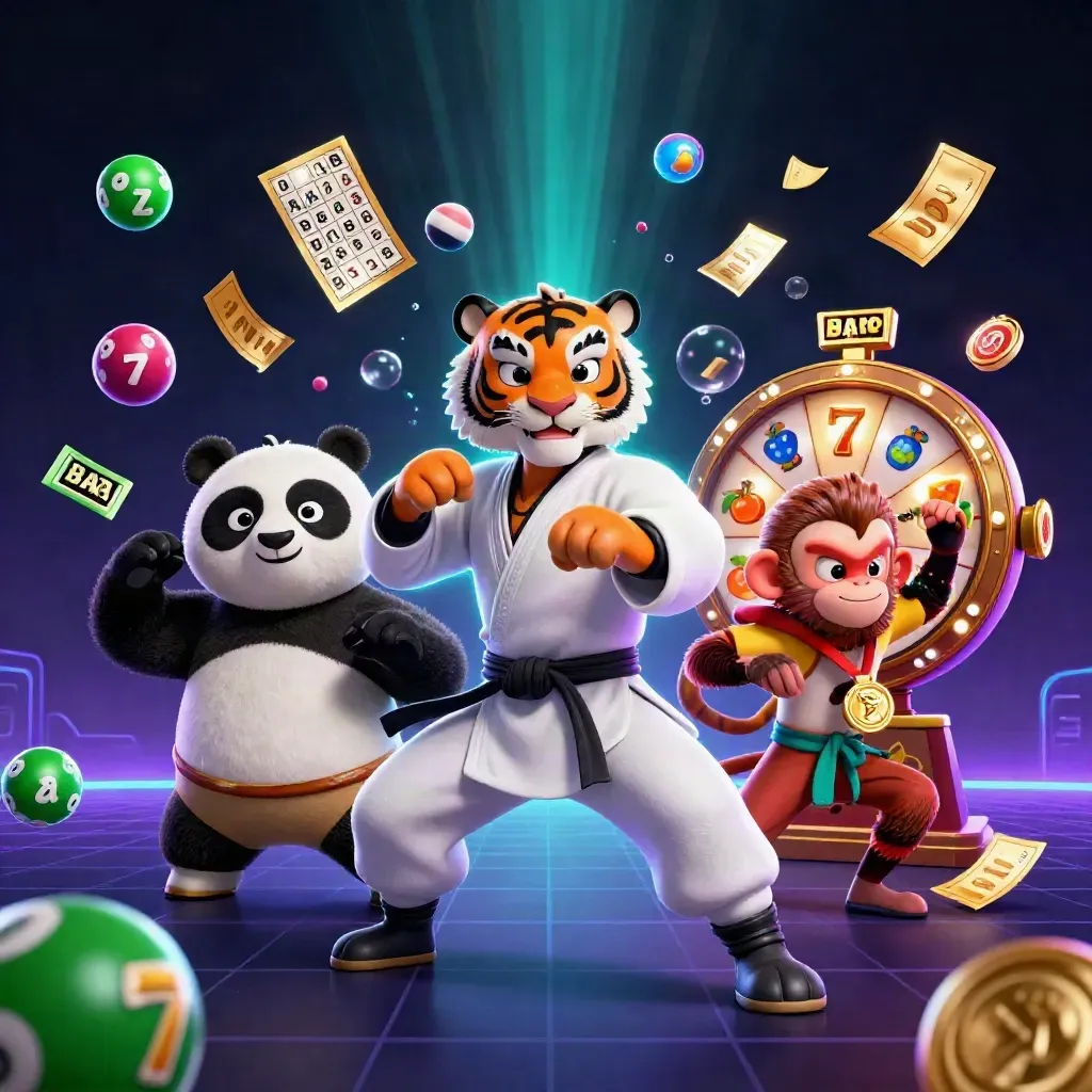 Harimau kung-fu, panda, dan monyet di latar neon dengan bola lotre dan roda hadiah.